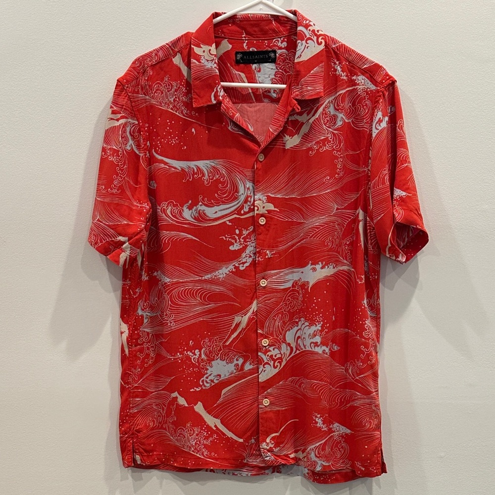Allsaints Men's Red / White / Gret Wave Print Shirt